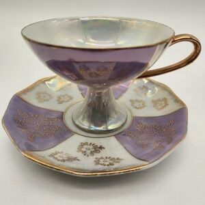 Vintage Purple Iridescent Lusterware Footed Tea Cup and Saucer Gold Floral Japan